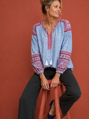 Belle Vere Chambray Peasant Top Red Embroidered Boho Cotton Blouse